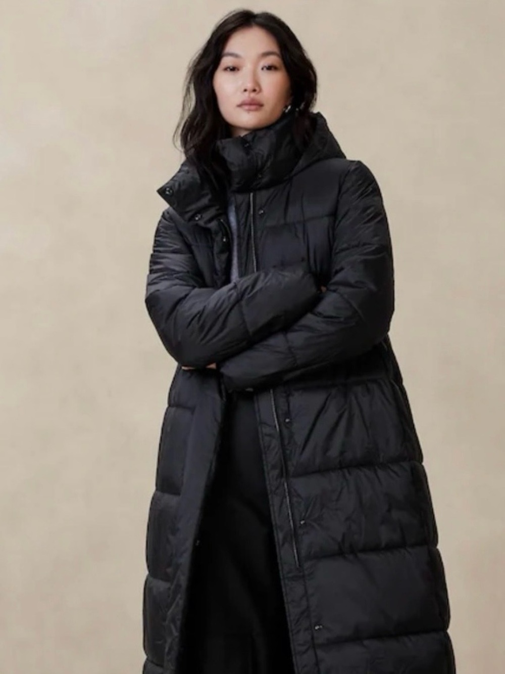 NWOT Banana Republic Black Long Quilted Puffer Coat with High Collar - Picture 2 of 7
